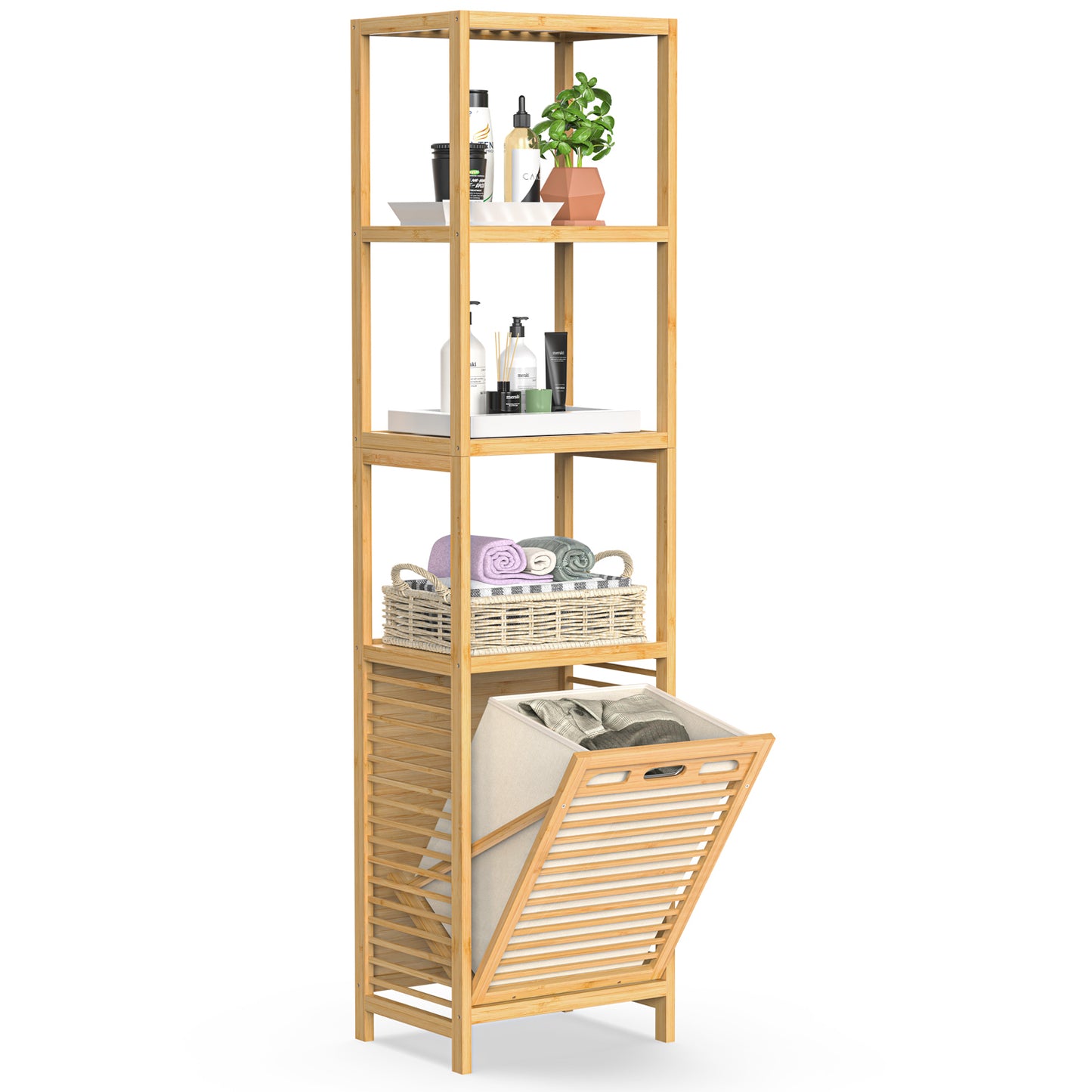 4-tier Bamboo Tilt-out Cabinet Laundry Hamper With Basket, Shelves (Beige Bag)