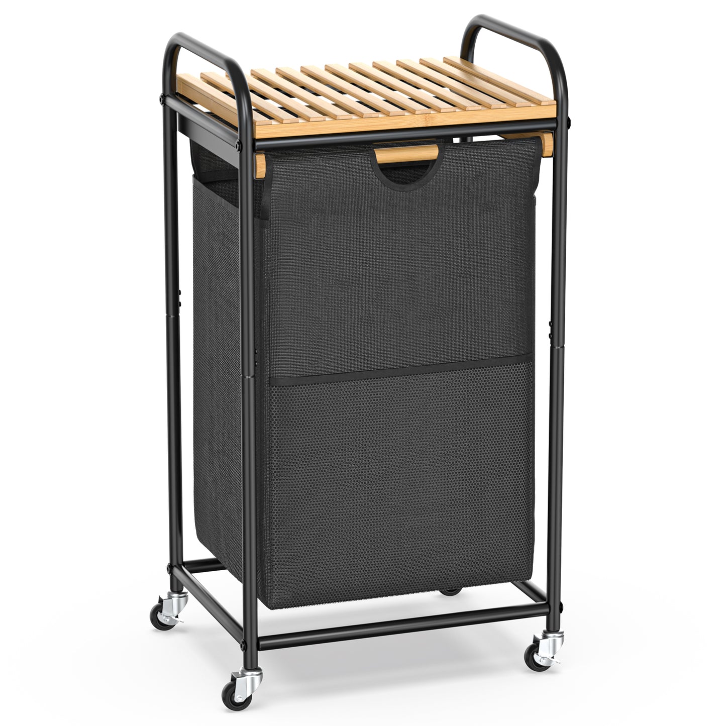 50L Bamboo Freestanding Laundry Hamper With Wheels, Storage Shelf