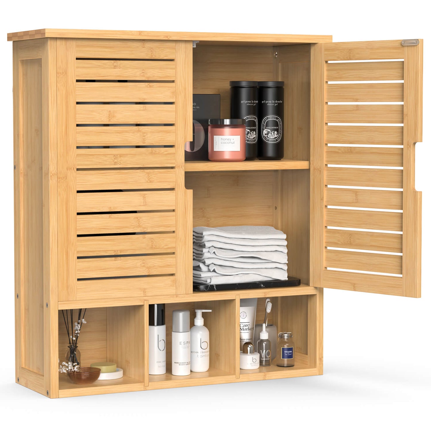 Removable Bamboo Two-Door Wall Mounted Bathroom Cabinet