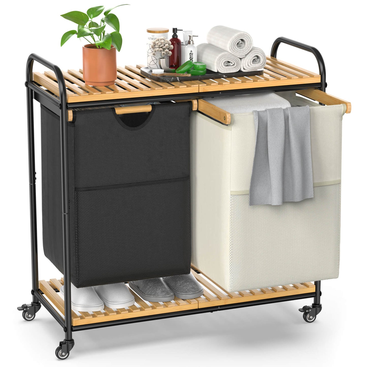 100L Bamboo Freestanding Laundry Hamper With Wheels, Storage Shelf and 2 Sliding Bag