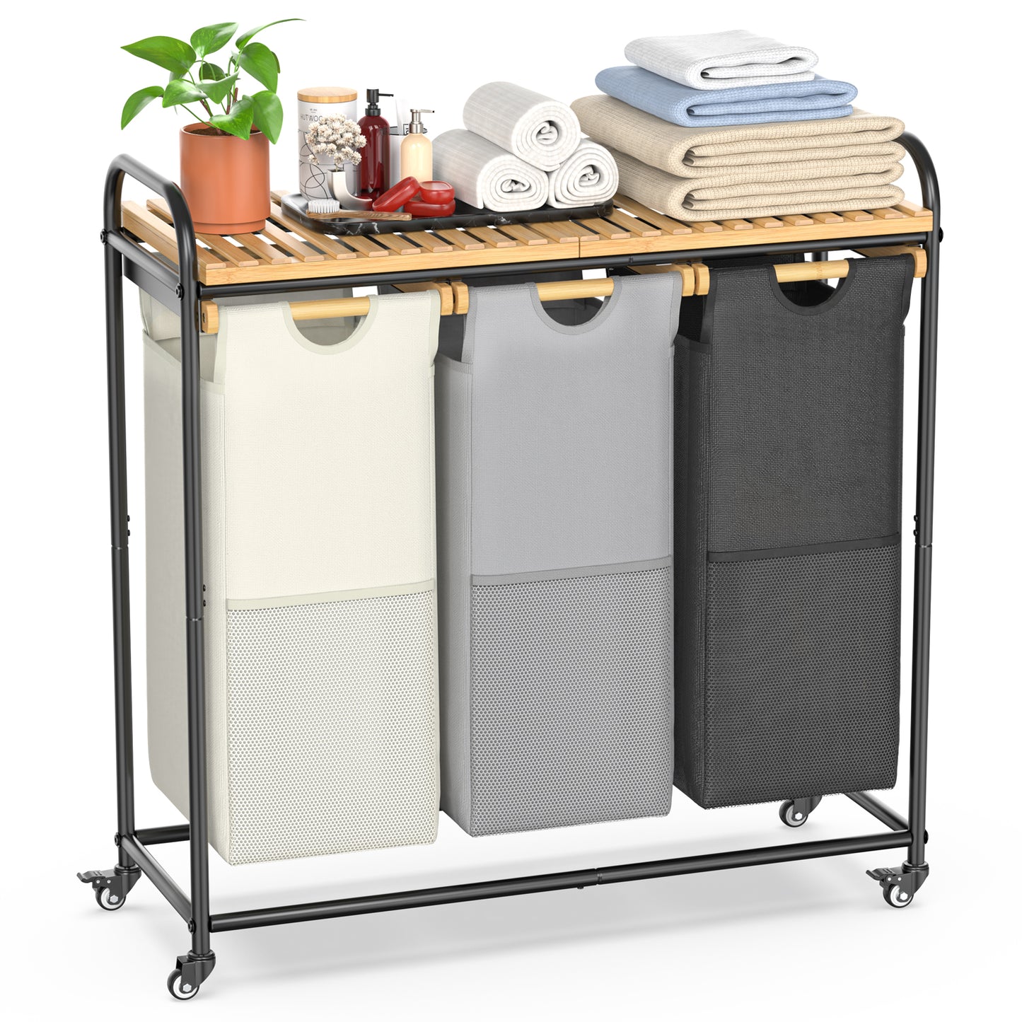 120L Bamboo Freestanding Laundry Hamper With Wheels, Storage Shelf and 3 Sliding Bag