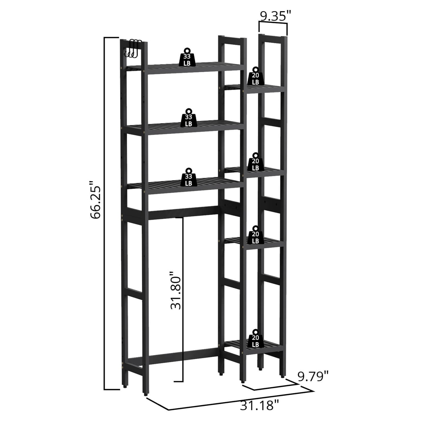 Bamboo Adjustable Freestanding Over-the-Toilet Storage With Hooks And 7 Open Shelf