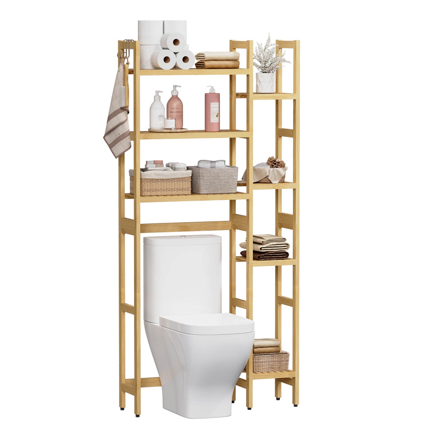 Bamboo Adjustable Freestanding Over-the-Toilet Storage With Hooks And 7 Open Shelf