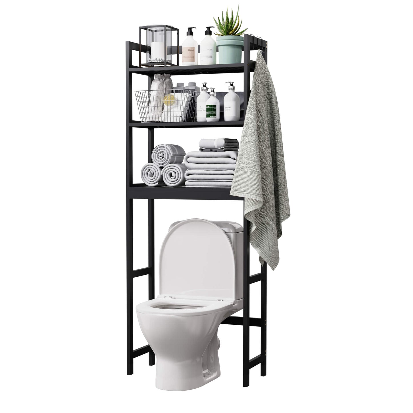 Bamboo Adjustable Freestanding Over-the-Toilet Storage With Hooks And 3 Open Shelf