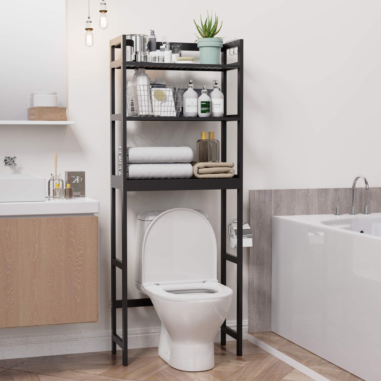 Bamboo Adjustable Freestanding Over-the-Toilet Storage With Hooks And 3 Open Shelf