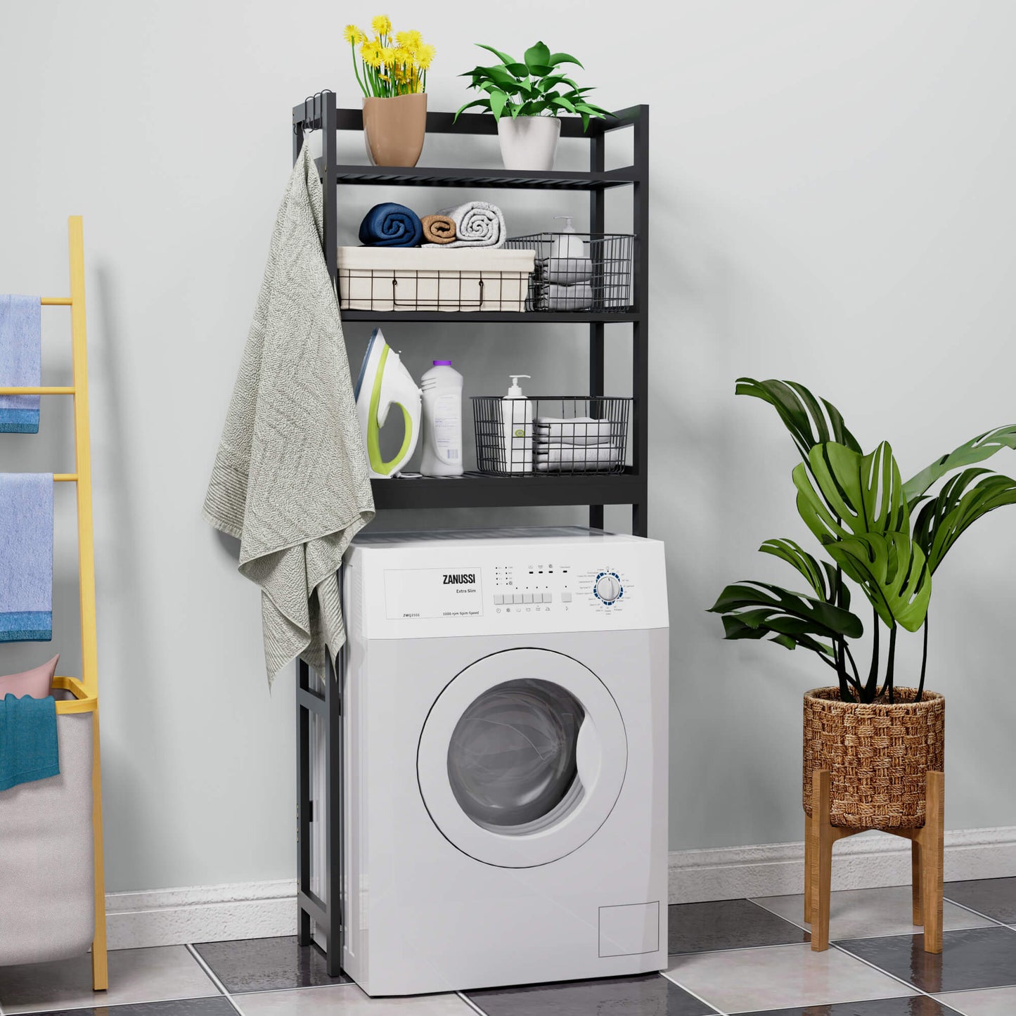 Bamboo Adjustable Freestanding Over-the-Toilet Storage With Hooks And 3 Open Shelf