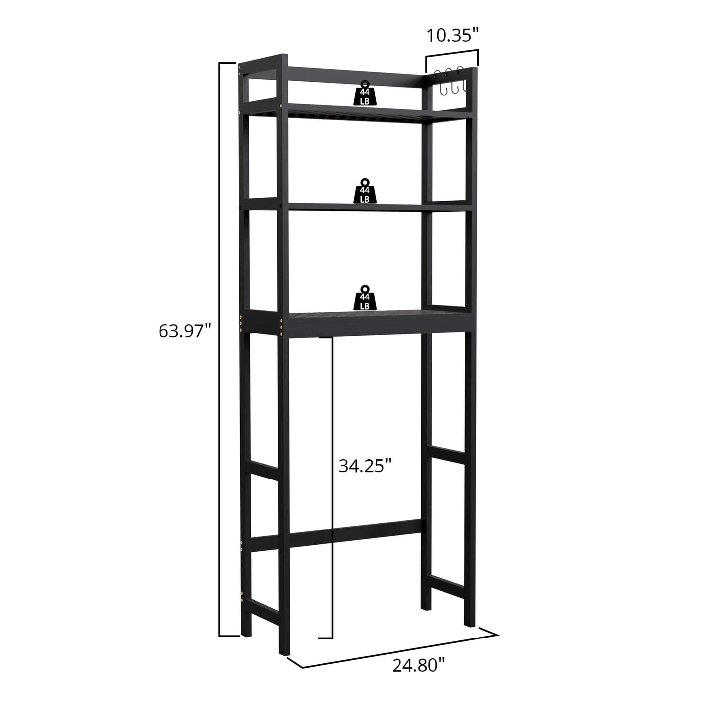 Bamboo Adjustable Freestanding Over-the-Toilet Storage With Hooks And 3 Open Shelf