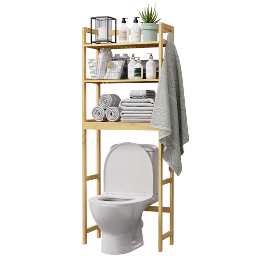 Bamboo Adjustable Freestanding Over-the-Toilet Storage With Hooks And 3 Open Shelf