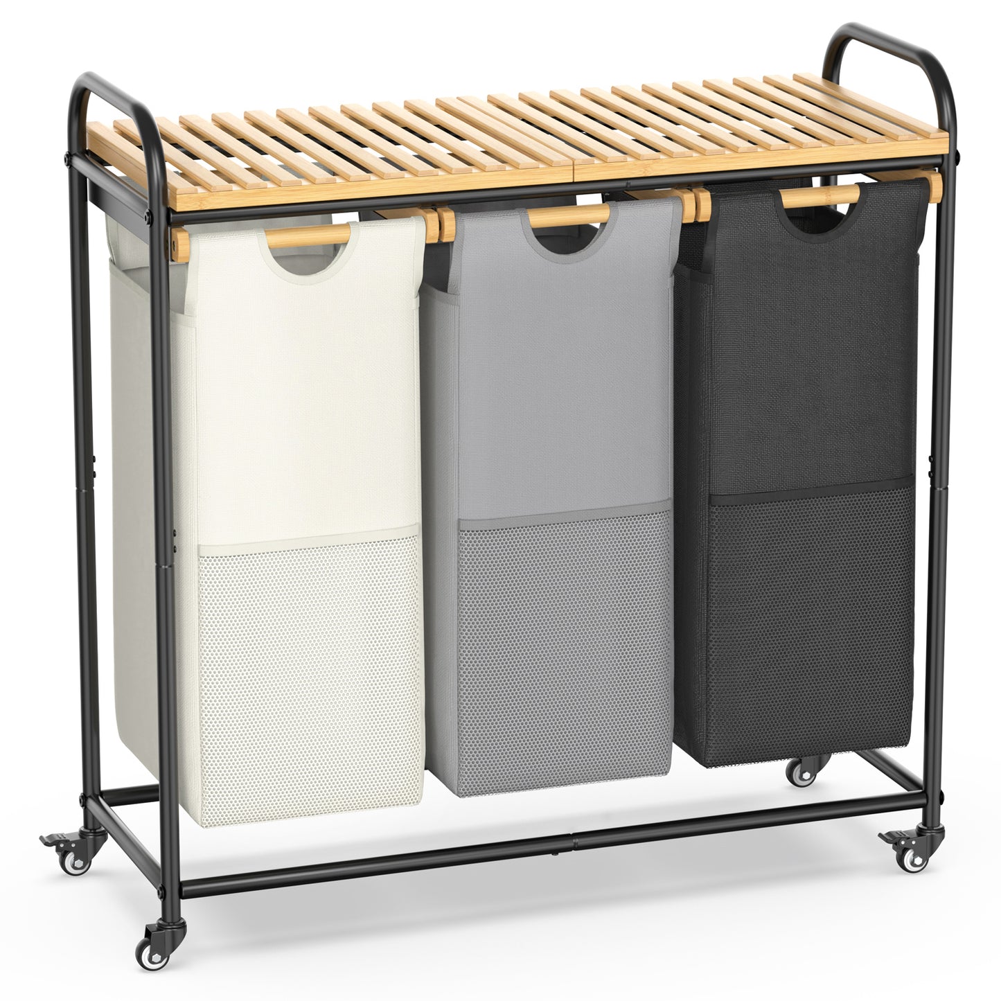 120L Bamboo Freestanding Laundry Hamper With Wheels, Storage Shelf and 3 Sliding Bag