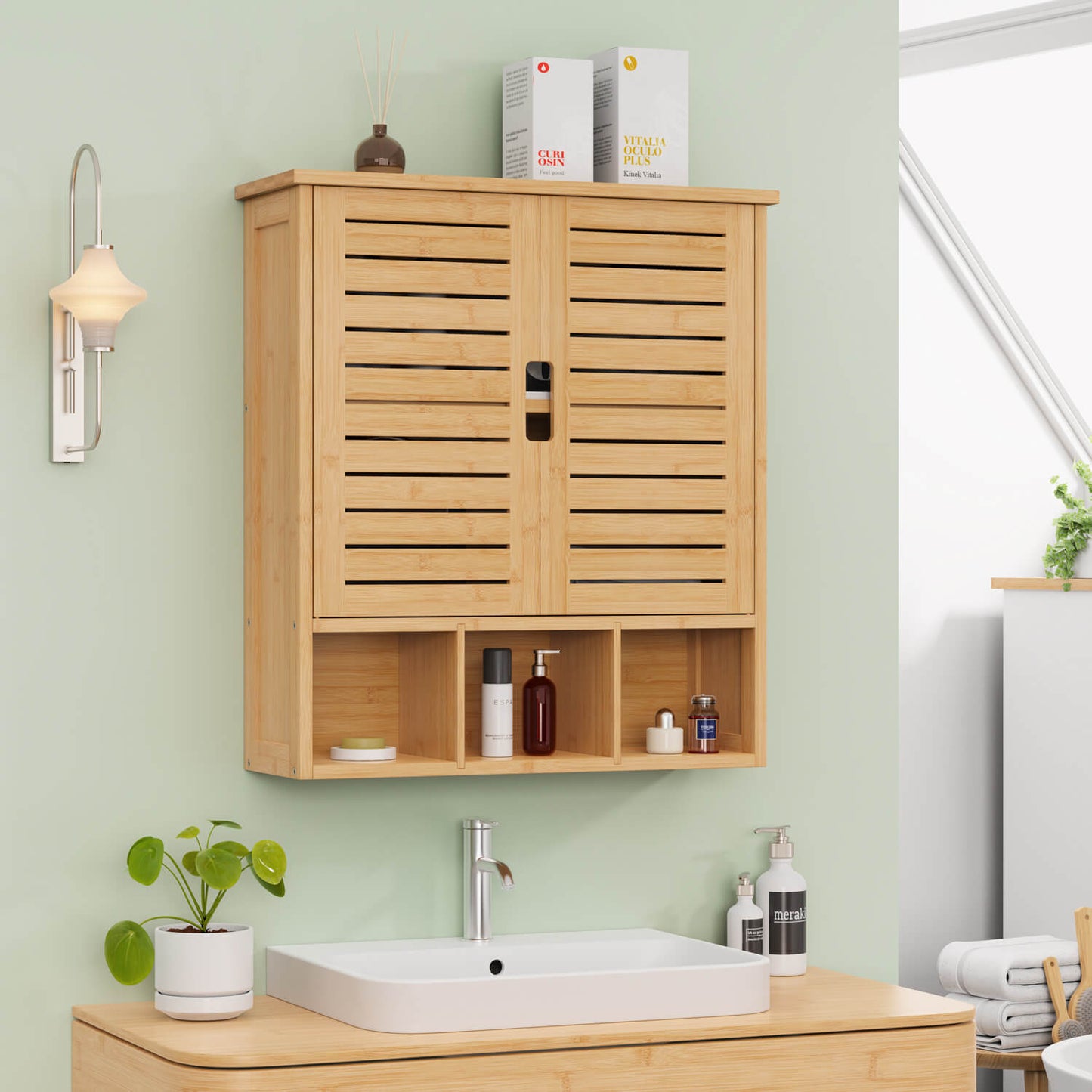 Removable Bamboo Two-Door Wall Mounted Bathroom Cabinet