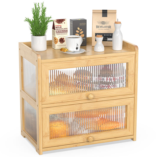 Bamboo Bread Box with 3 Sides Wavy & Back Clear Window (2 Tier)