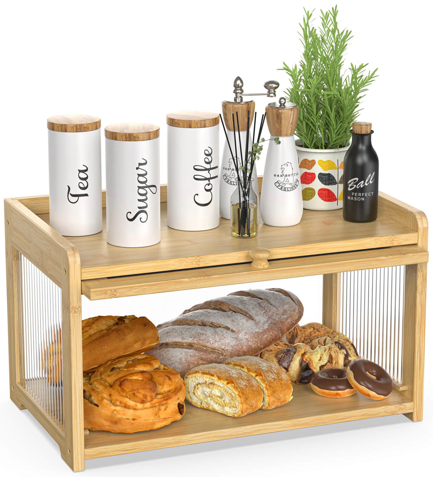 Bamboo Bread Box with 3 Sides Wavy & Back Clear Window