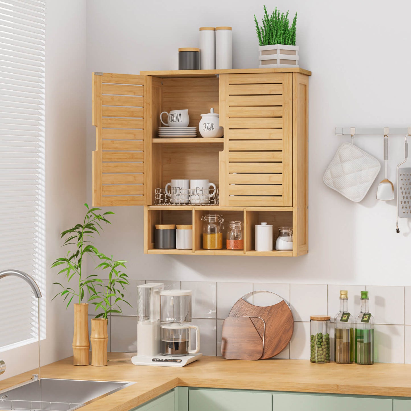 Removable Bamboo Two-Door Wall Mounted Bathroom Cabinet