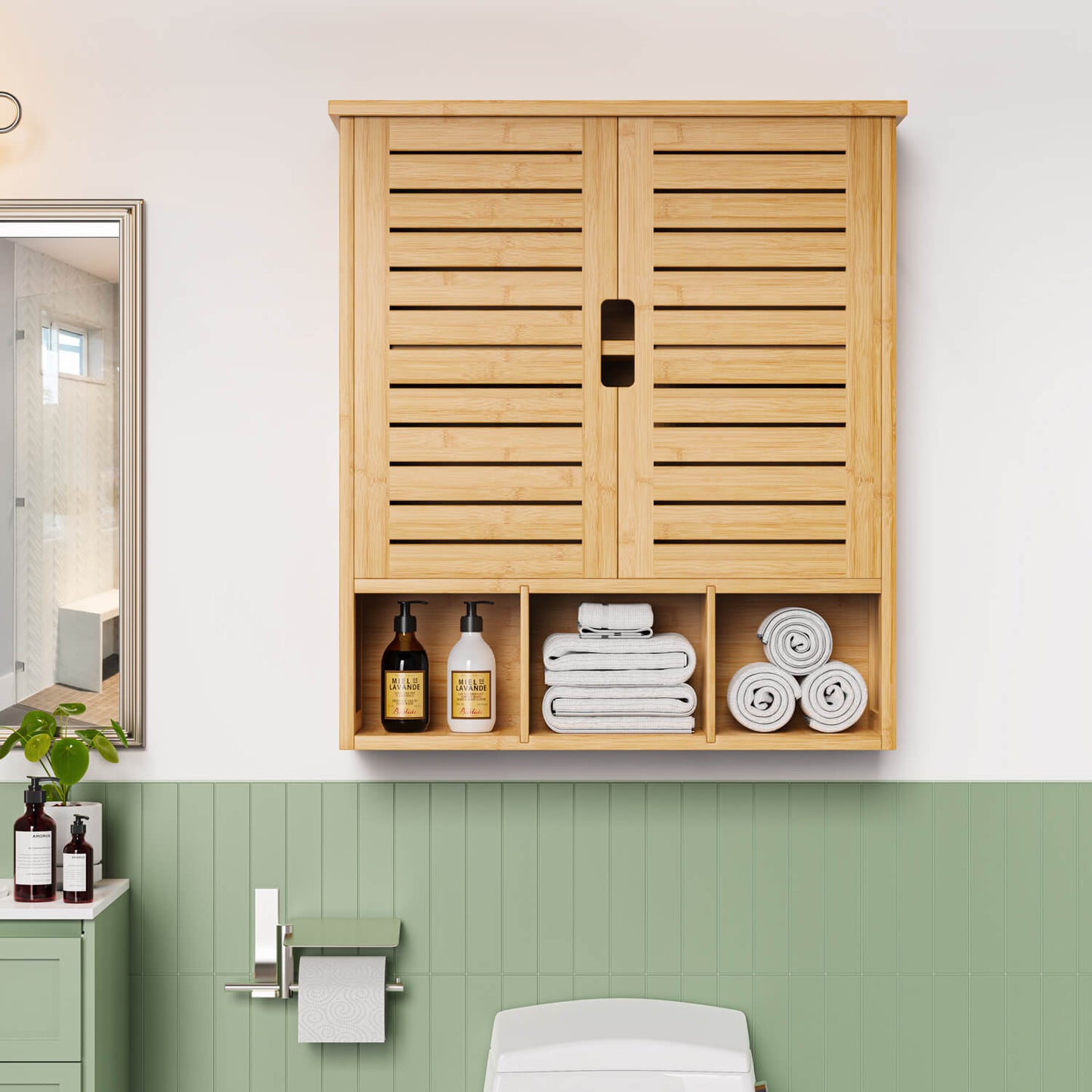 Removable Bamboo Two-Door Wall Mounted Bathroom Cabinet