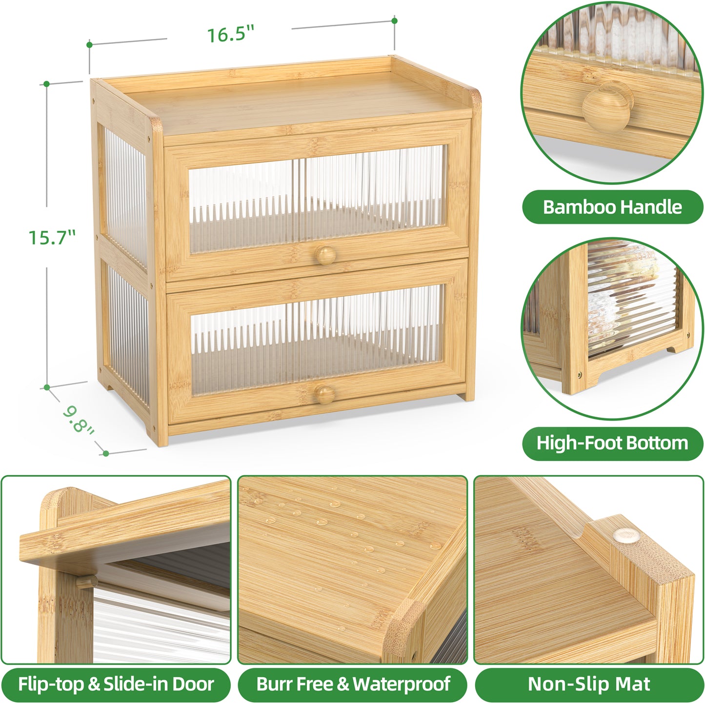 Bamboo Bread Box with 3 Sides Wavy & Back Clear Window (2 Tier)