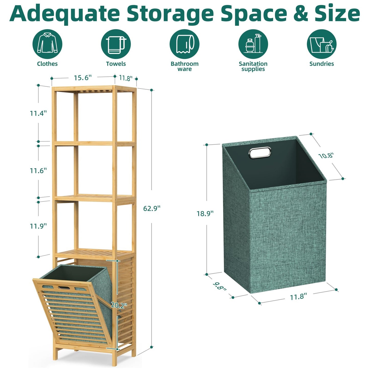 4-tier Bamboo Tilt-out Cabinet Laundry Hamper With Basket, Shelves (Green Bag)