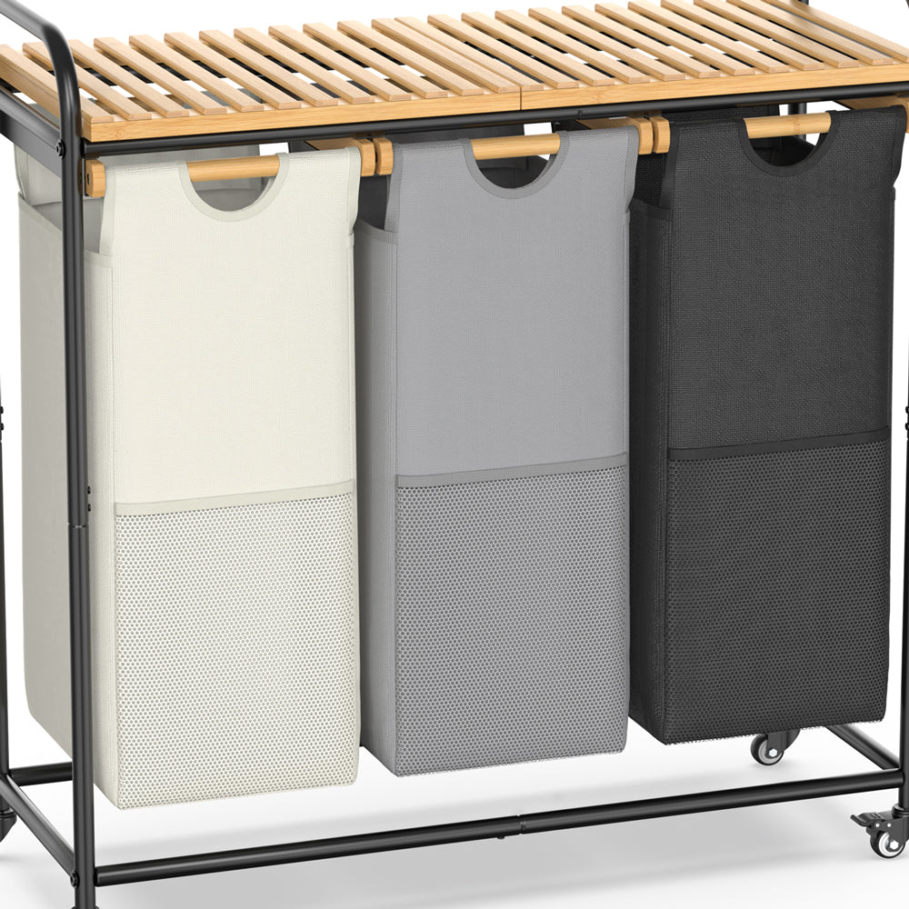 120L Bamboo Freestanding Laundry Hamper With Wheels, Storage Shelf and 3 Sliding Bag