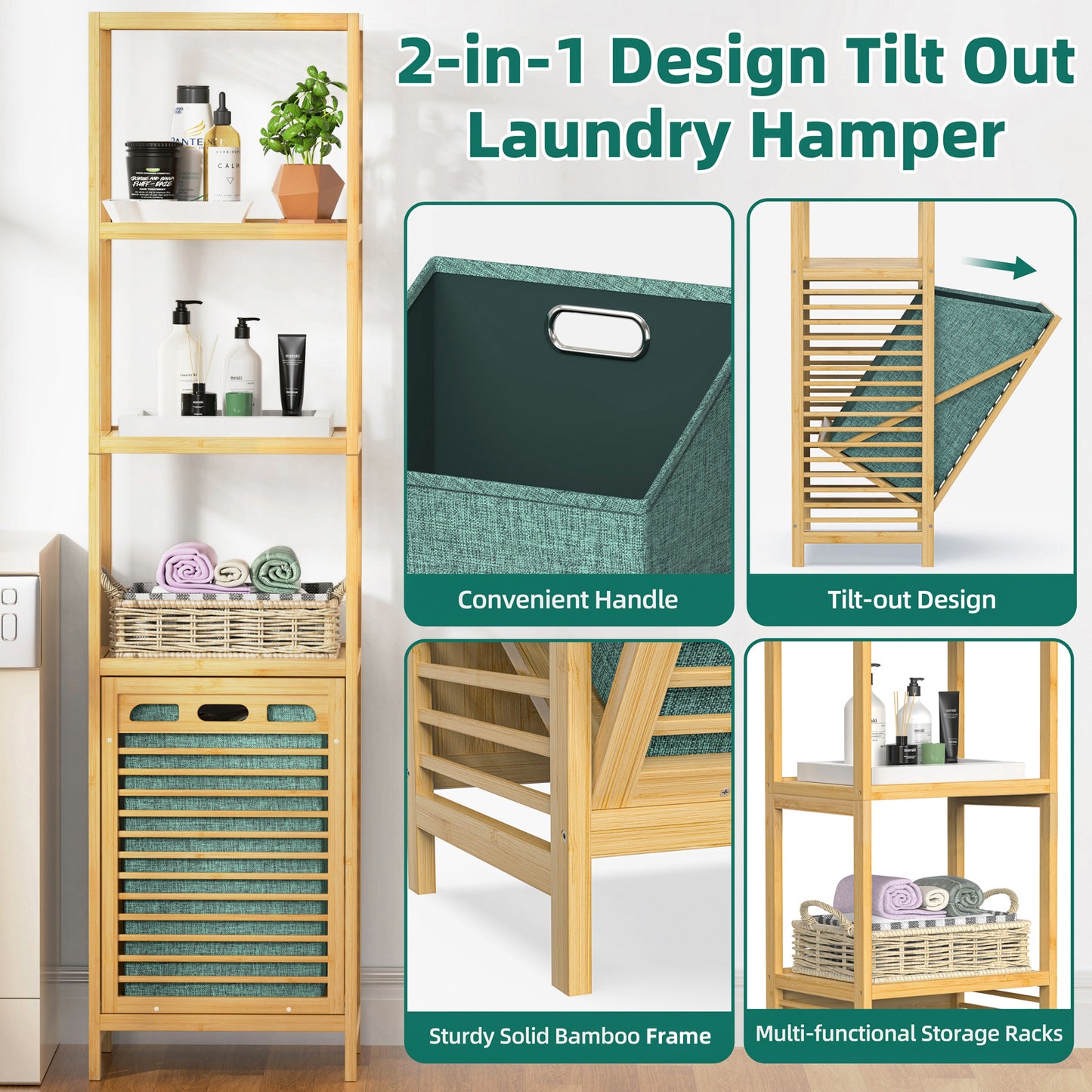 4-tier Bamboo Tilt-out Cabinet Laundry Hamper With Basket, Shelves (Green Bag)