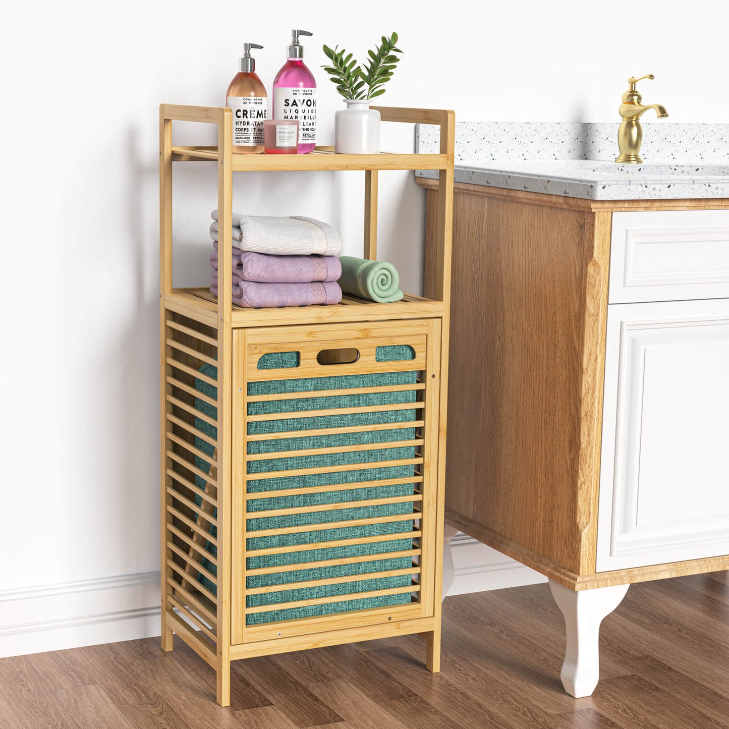 2-tier Bamboo Tilt-out Cabinet Laundry Hamper With Basket, Shelves And Handles