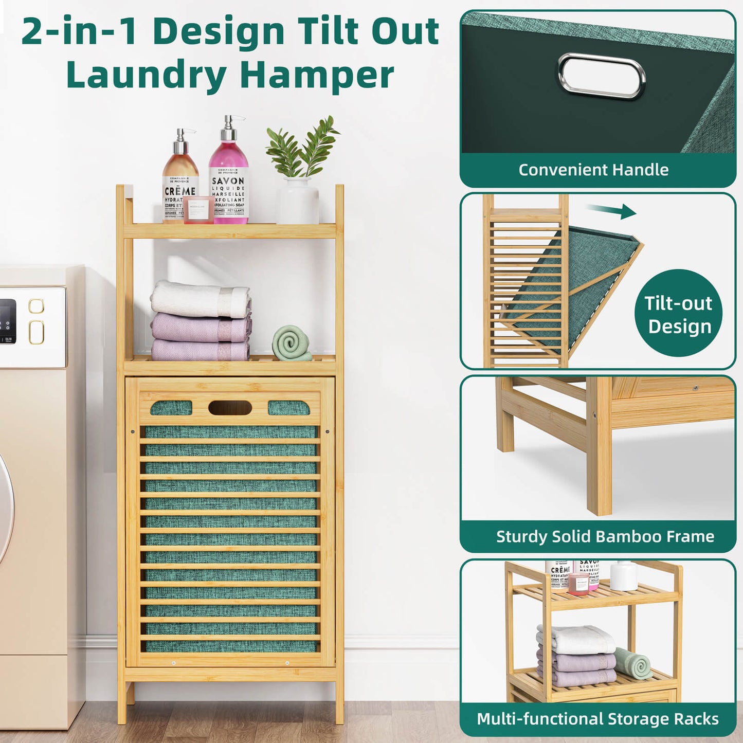 2-tier Bamboo Tilt-out Cabinet Laundry Hamper With Basket, Shelves And Handles