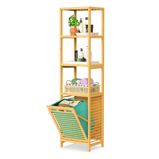 4-tier Bamboo Tilt-out Cabinet Laundry Hamper With Basket, Shelves (Green Bag)