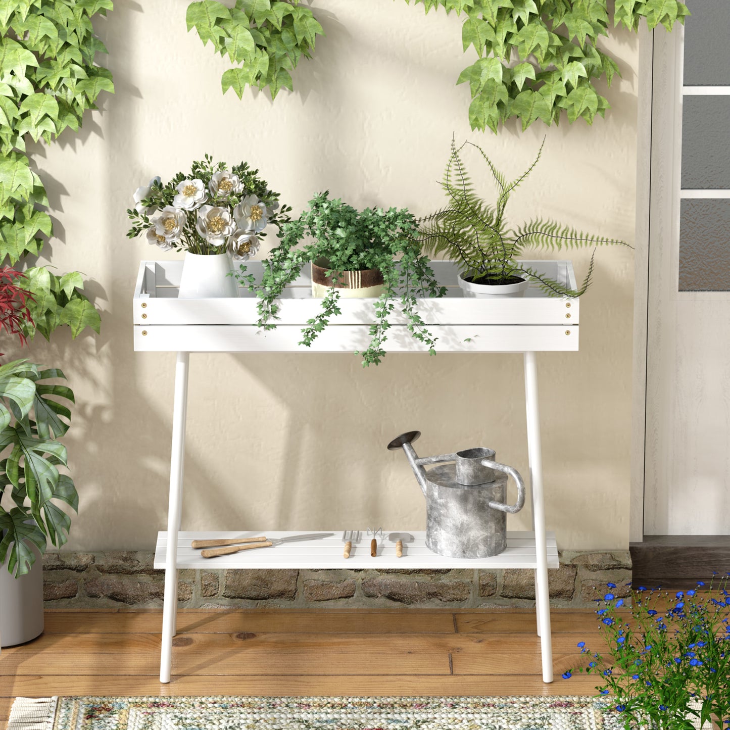 2-Tier Bamboo Plant Stand Table with Metal Legs (White)