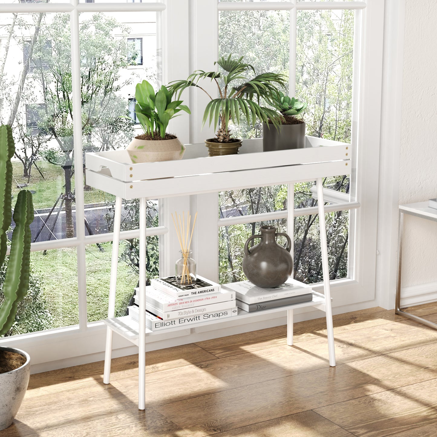 2-Tier Bamboo Plant Stand Table with Metal Legs (White)