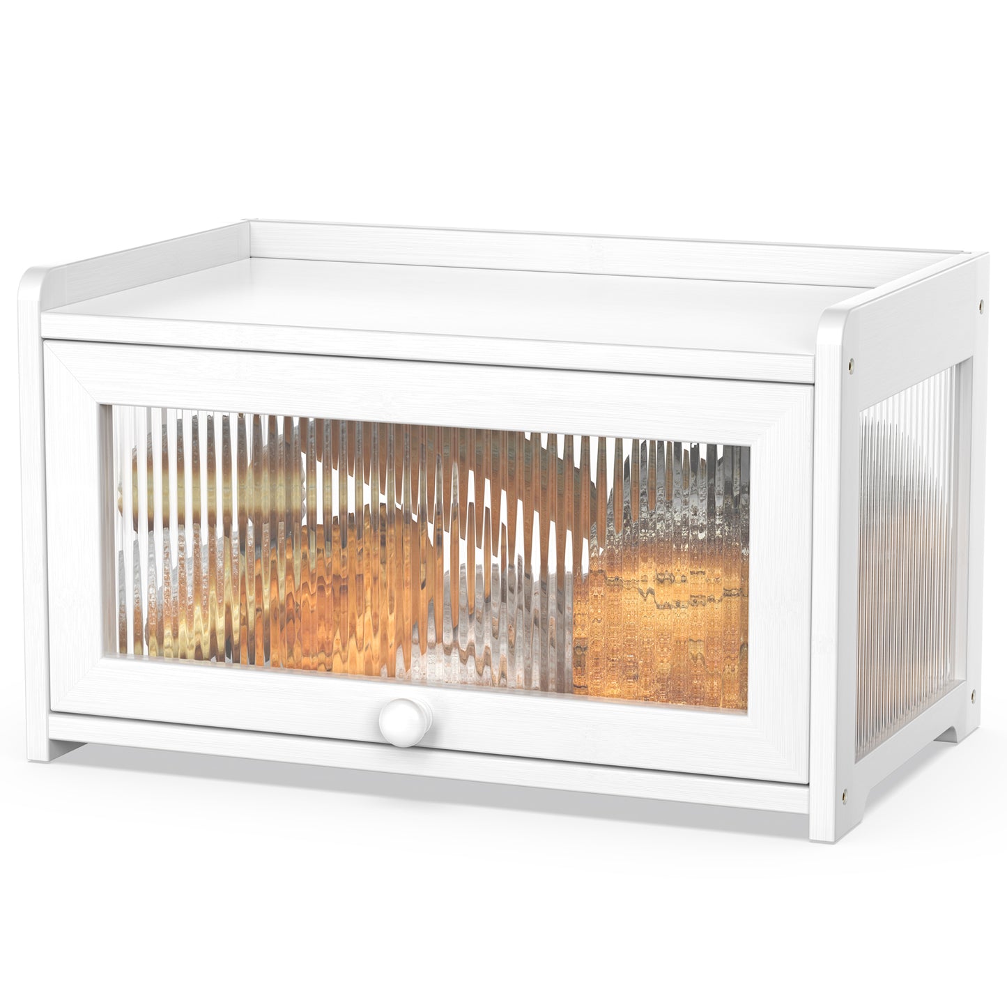 Bamboo Bread Box with 3 Sides Wavy & Back Clear Window (White)