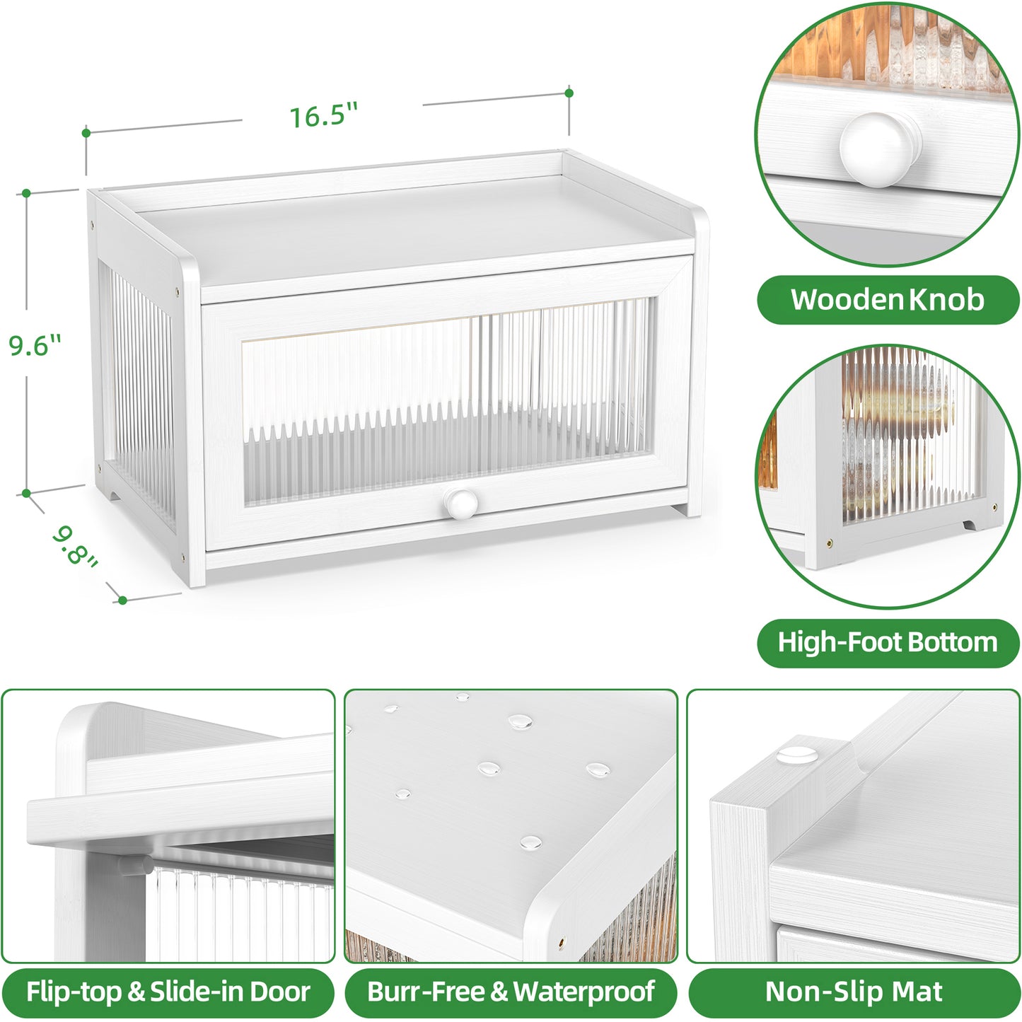 Bamboo Bread Box with 3 Sides Wavy & Back Clear Window (White)