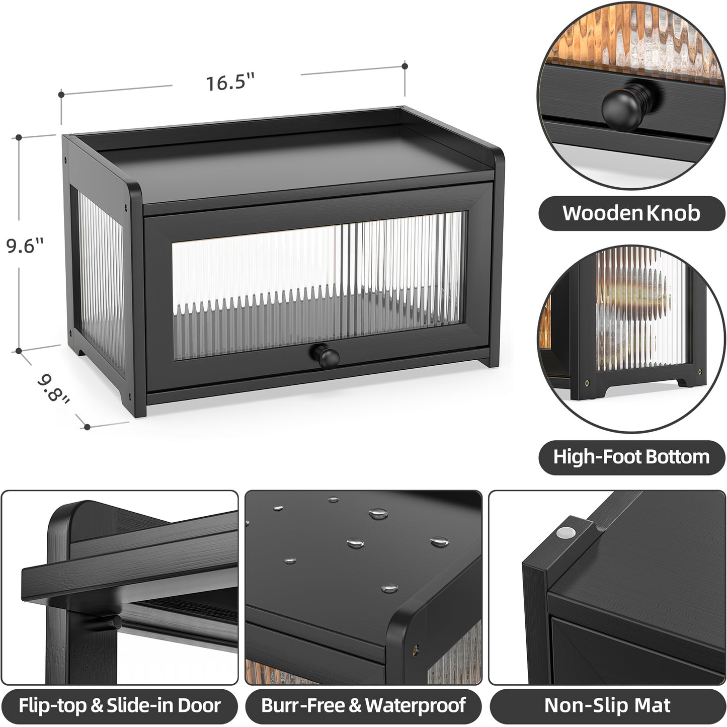 Bamboo Bread Box with 3 Sides Wavy & Back Clear Window (Black)