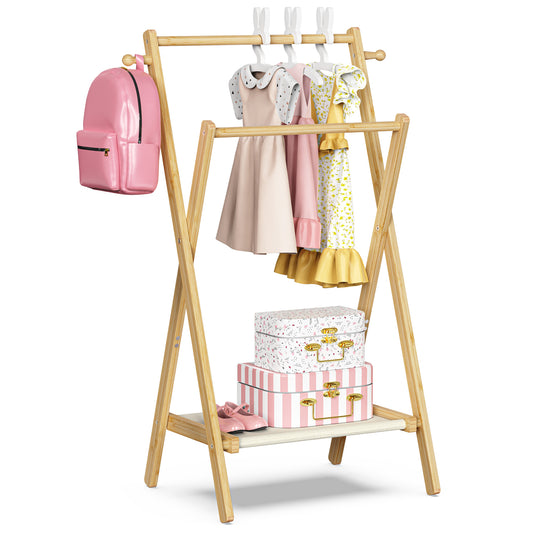 Kids Clothing Rack, Small Dress Up Rack with Storage Shelf & Double Hanging Rods (S)