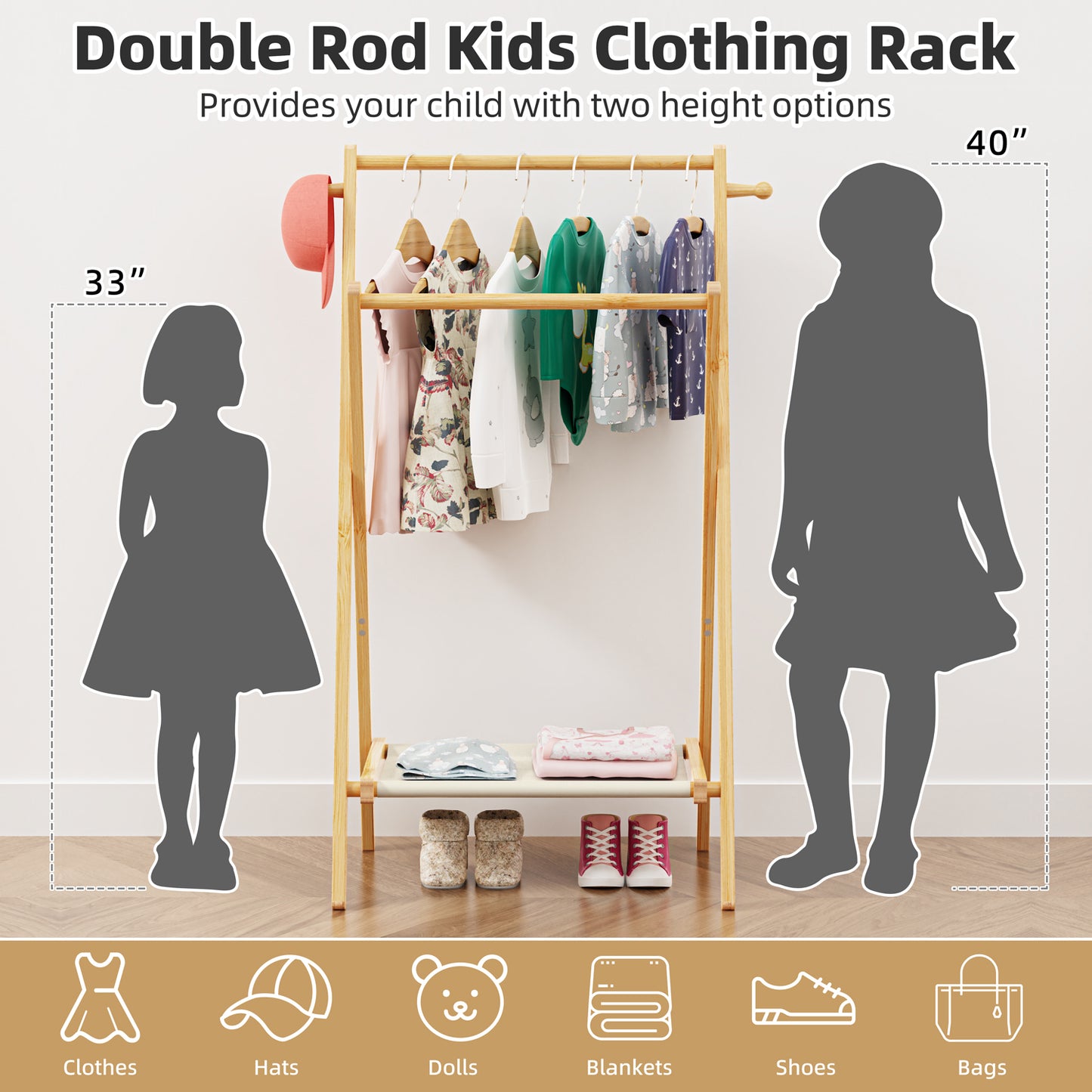 Kids Clothing Rack, Small Dress Up Rack with Storage Shelf & Double Hanging Rods (S)