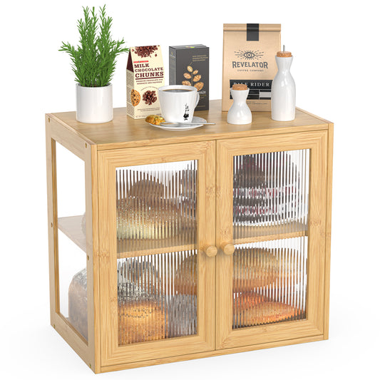 Bamboo Bread Box with 3 Sides Wavy & Back Clear Window (2 Tier 2 Doors)