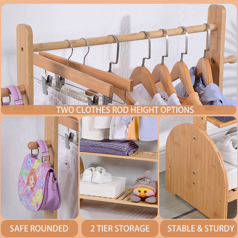 Bamboo Kids Clothing Rack with Adjustable Rods