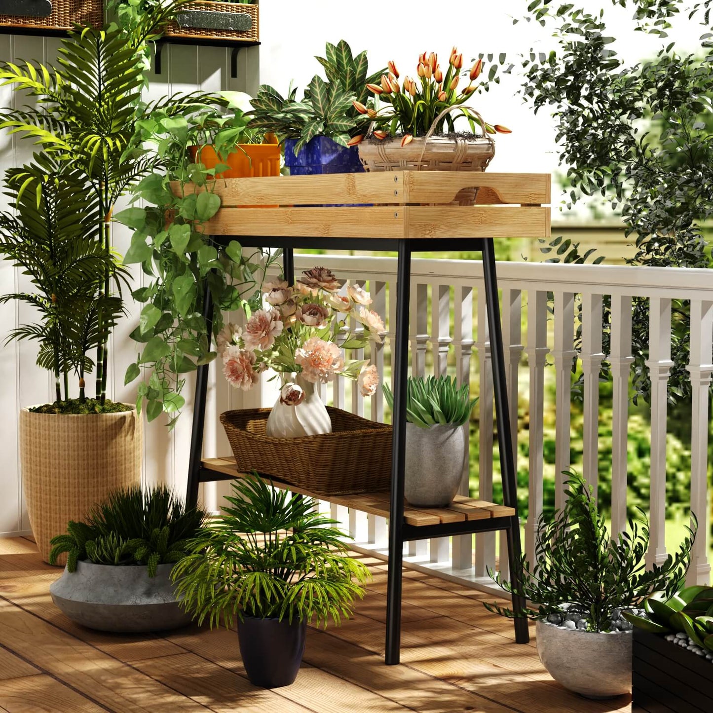 2-Tier Bamboo Plant Stand Table with Metal Legs